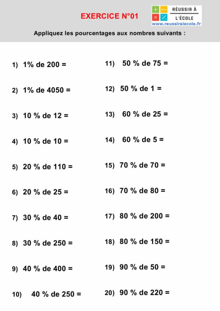 Exercice Pourcentage 10 Problèmes niveau collège avec corrections