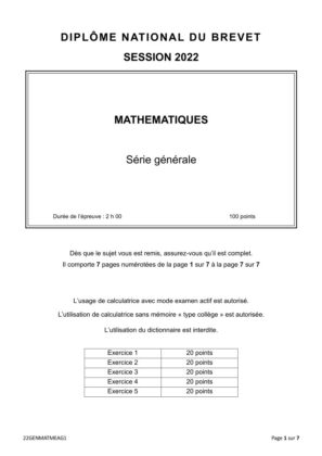 sujet maths brevet 2022