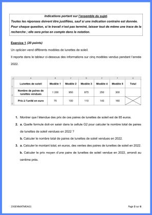 sujet maths brevet 2023