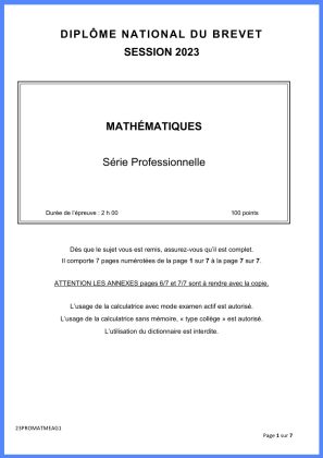 sujet maths brevet 2023