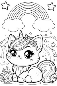 coloriage chat licorne arc en ciel​