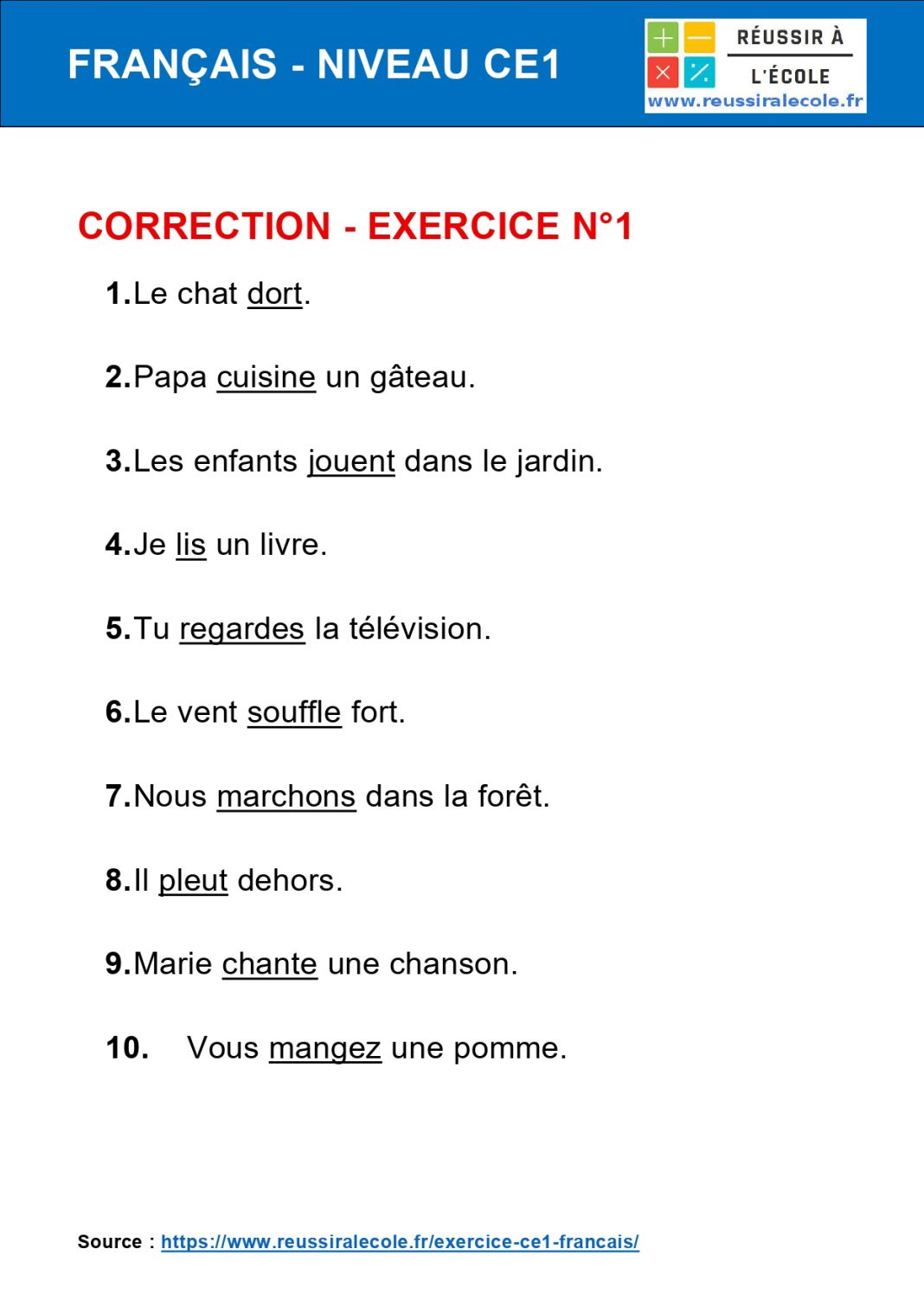 Exercice CE1 Français : 40 questions avec Corrigé (PDF)
