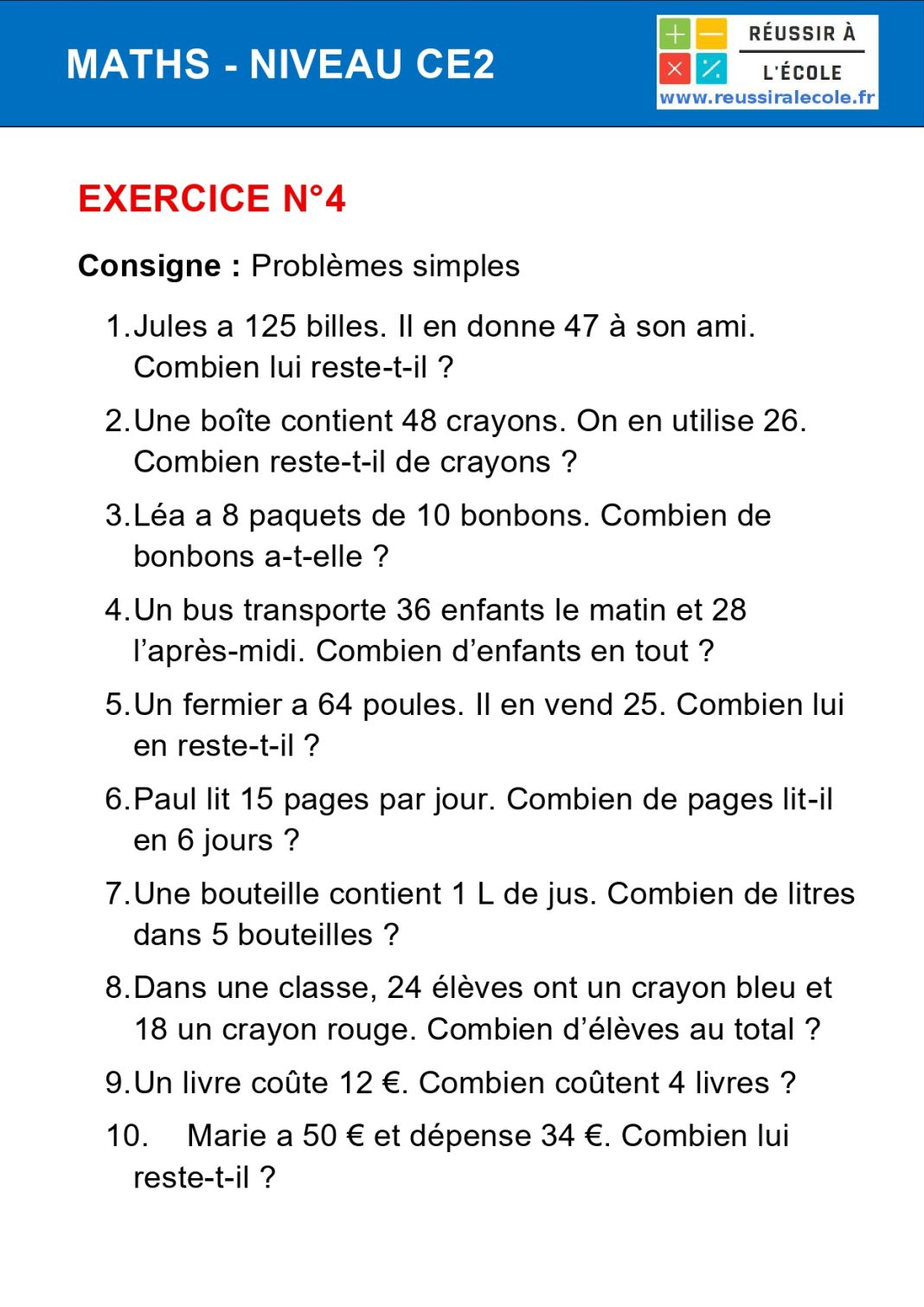 Exercice Math CE2 : 40 questions avec Corrigé (PDF)