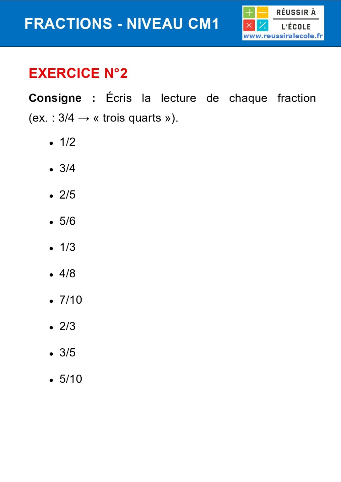 Exercice Fraction CM1 : 50 questions avec Corrigé (PDF)