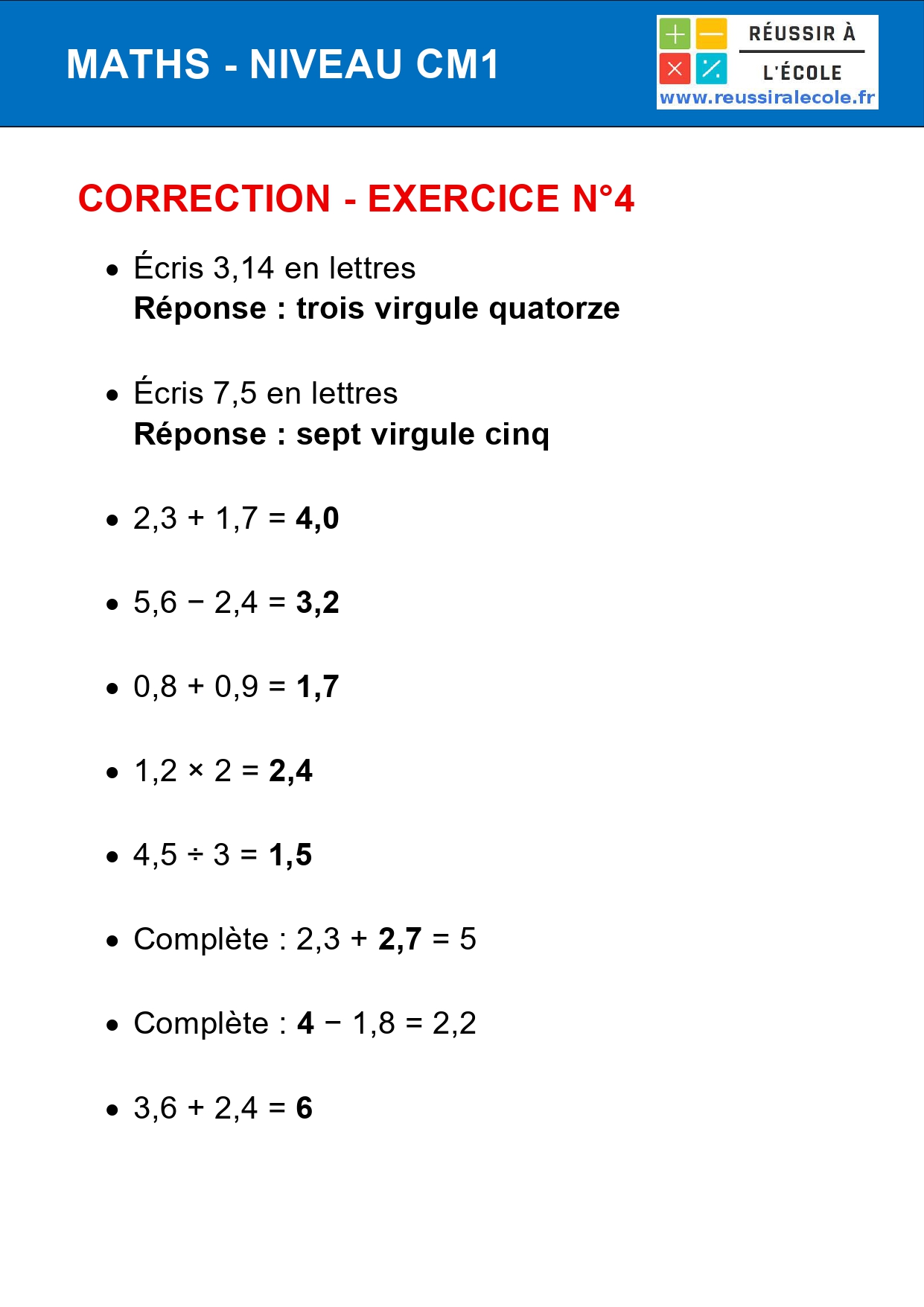 Exercice Math CM1 40 Questions Avec Corrig PDF 