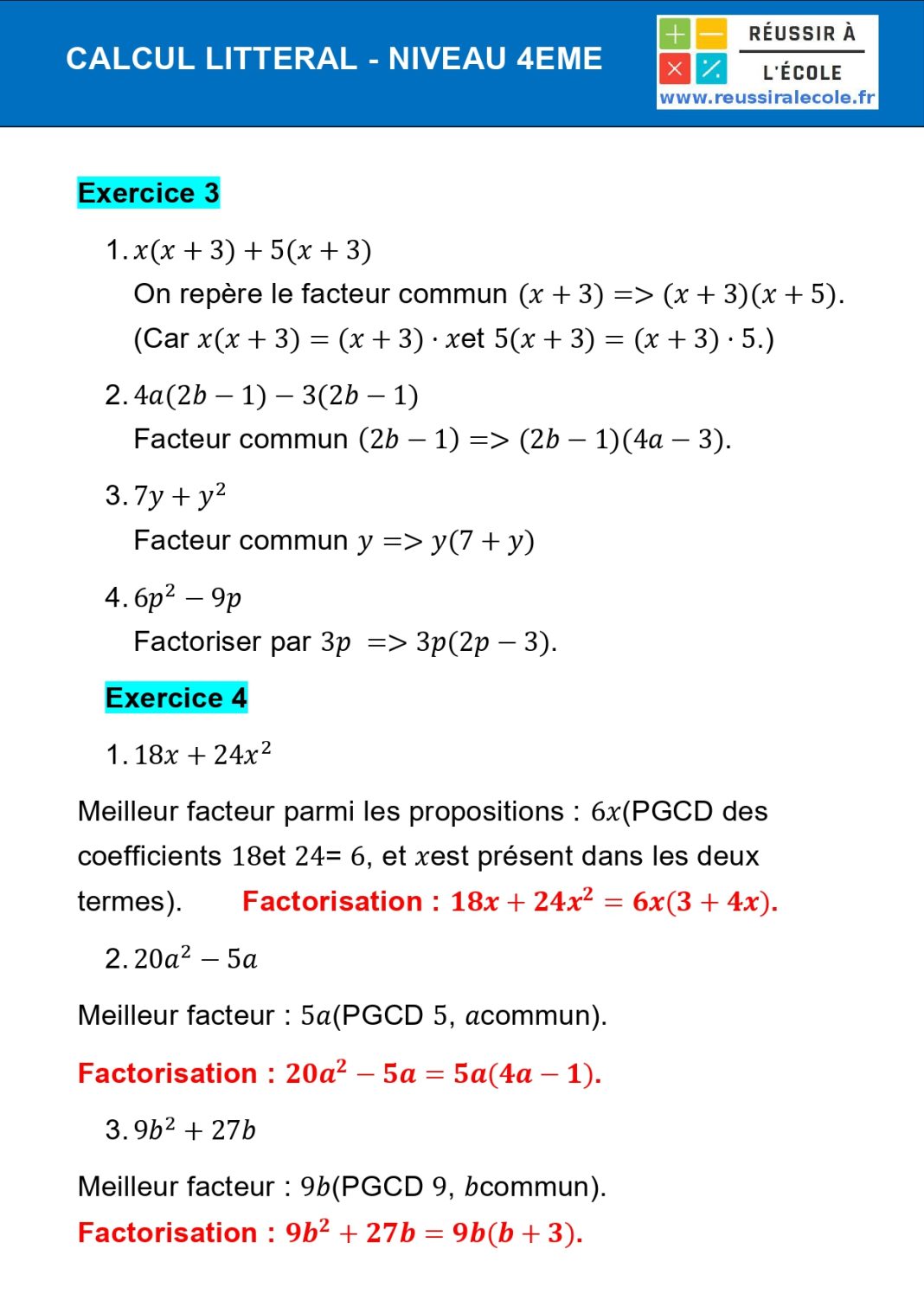 Exercice Calcul Littéral 4ème avec corrigé PDF à imprimer