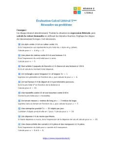 calcul littéral 5ème evaluation calcul littéral 5ème evaluation