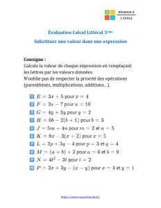 évaluation calcul littéral 5ème évaluation calcul littéral 5ème