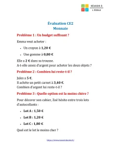evaluation ce2 la monnaie