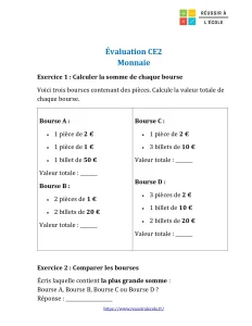 evaluation ce2 monnaie