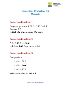 évaluation la monnaie ce2