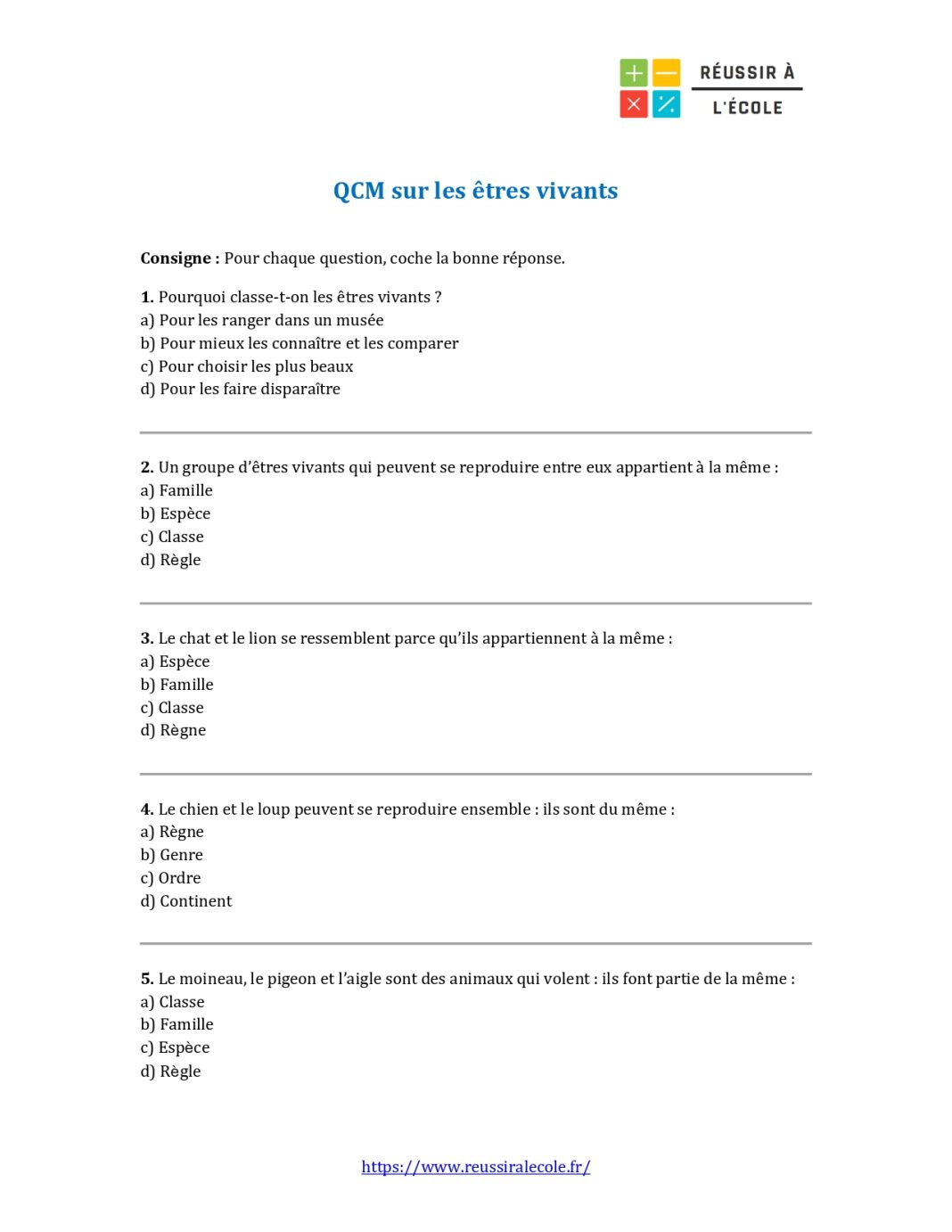 Évaluation SVT 6ème êtres vivants PDF avec Correction