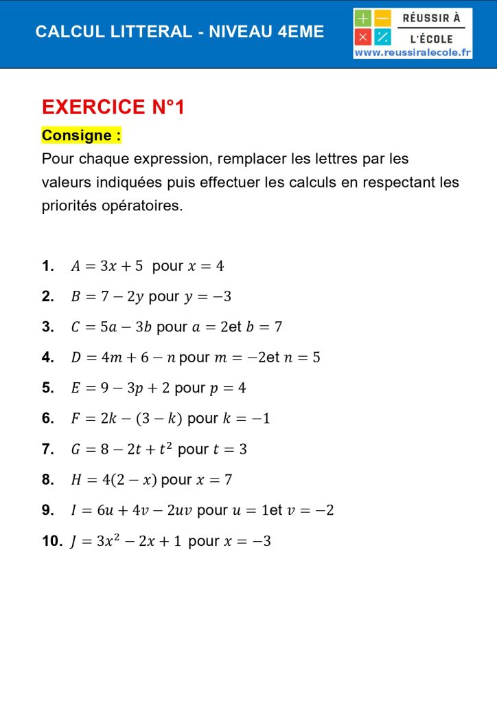 Exercice Calcul Littéral 4ème avec corrigé PDF à imprimer