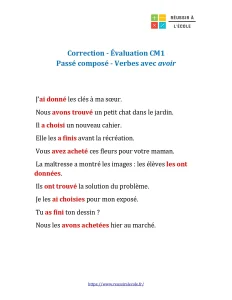 passé composé cm1 évaluation